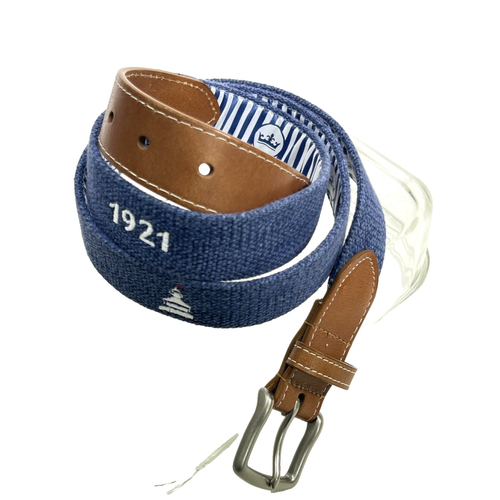 Peter Millar Belt‎ Mens Size 42 Canvas Leather Brass 1921 Lighthouse USA Made
